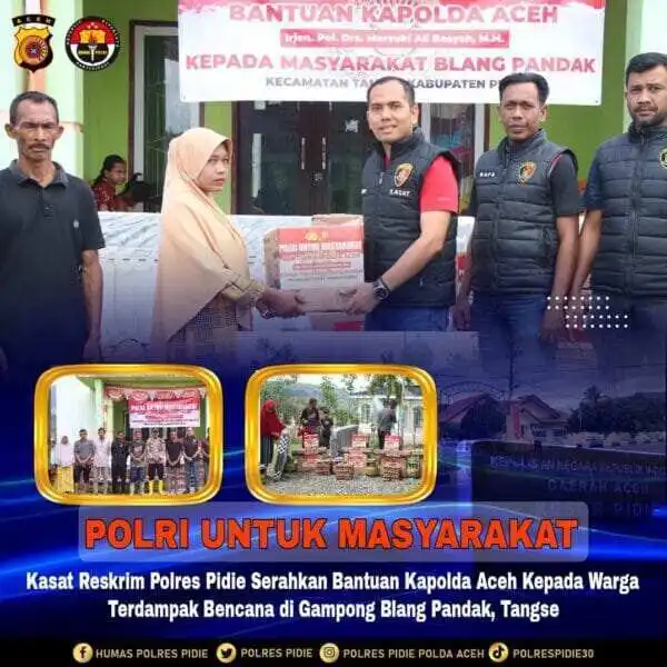 Kasat Reskrim Polres Pidie Serahkan Bantuan Kapolda Aceh Kepada Warga Terdampak Bencana di Gampong Blang Pandak, Tangse