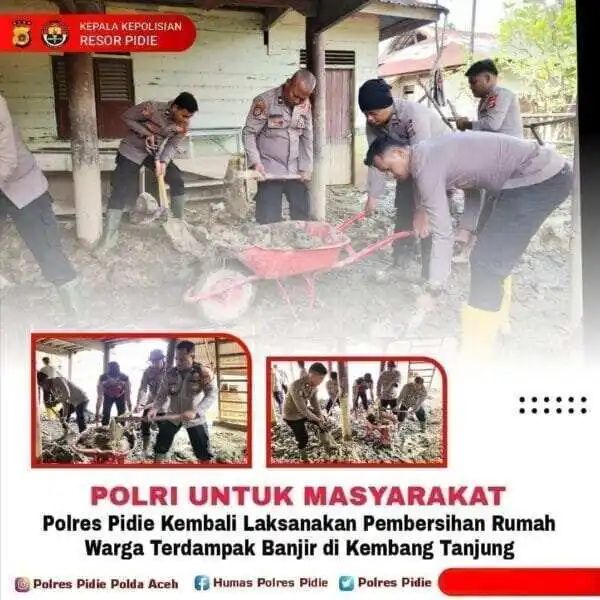Polres Pidie Kembali Laksanakan Pembersihan Rumah Warga Terdampak Banjir di Kembang Tanjung