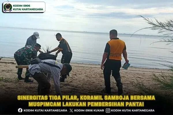 Sinergitas Tiga Pilar, Koramil Samboja Bersama Muspimcam Lakukan Pembersihan Pantai