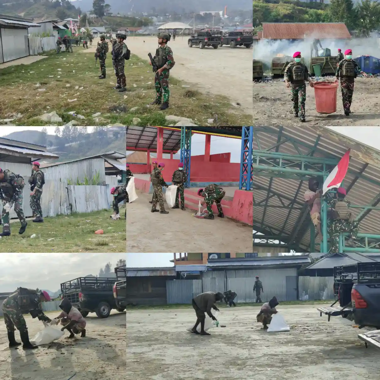Jelang HUT TNI ke-81, Satgas Habema Yonif 2 Marinir Tuntaskan Pembersihan Fasilitas Publik Langan Karel Gobay di Hari Kedua